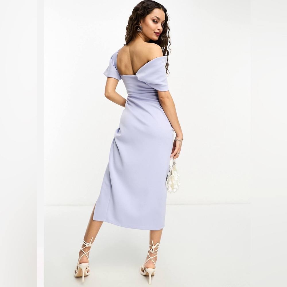 Petite Off Shoulder draped wrap midi dress in cosmic Blue - Picture 6 of 6